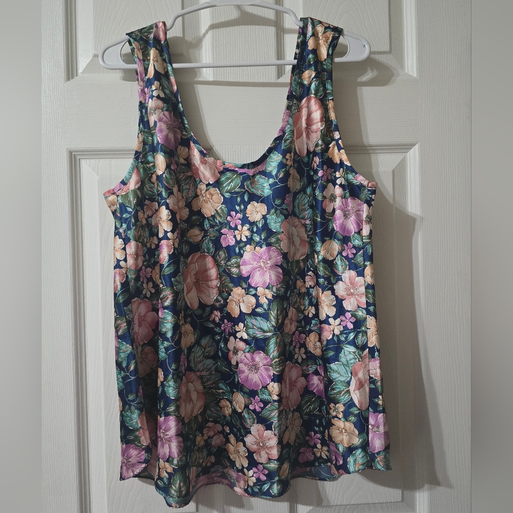 Vintage California Dynasty Navy Floral Print Satin Tank Top Blouse, Size 2X, EUC - Picture 7 of 13